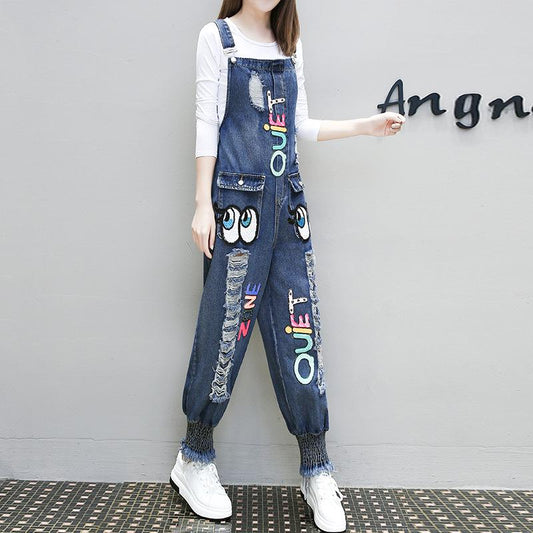 Casual Sleeveless Jumpsuit Loose Ripped Jeans Personality Harlan Pocket Pants Fashion Denim Trousers