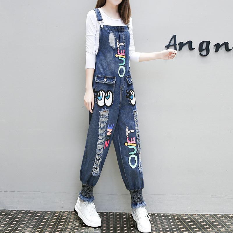 Casual Sleeveless Jumpsuit Loose Ripped Jeans Personality Harlan Pocket Pants Fashion Denim Trousers