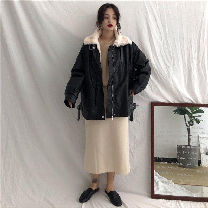 Women's Thick Loose Motorcycle Clothing Fur Collar Leather Women's Fashion Casual Thick Coat
