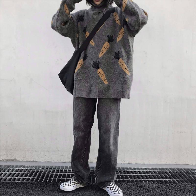 Pofulove Korean Turtleneck Color-matching Sweater Female Loose Pattern Wild Sweater Autumn Winter