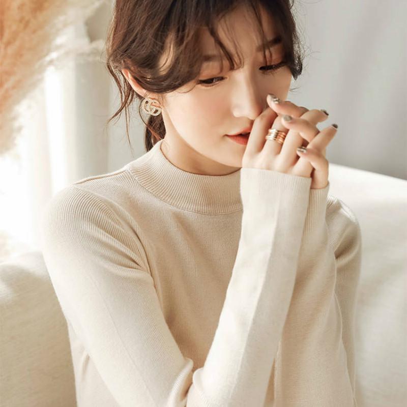 Pofulove Autumn Winter Half Turtleneck Bottoming Shirt Women's Slim-fitting Tight Sweater Top