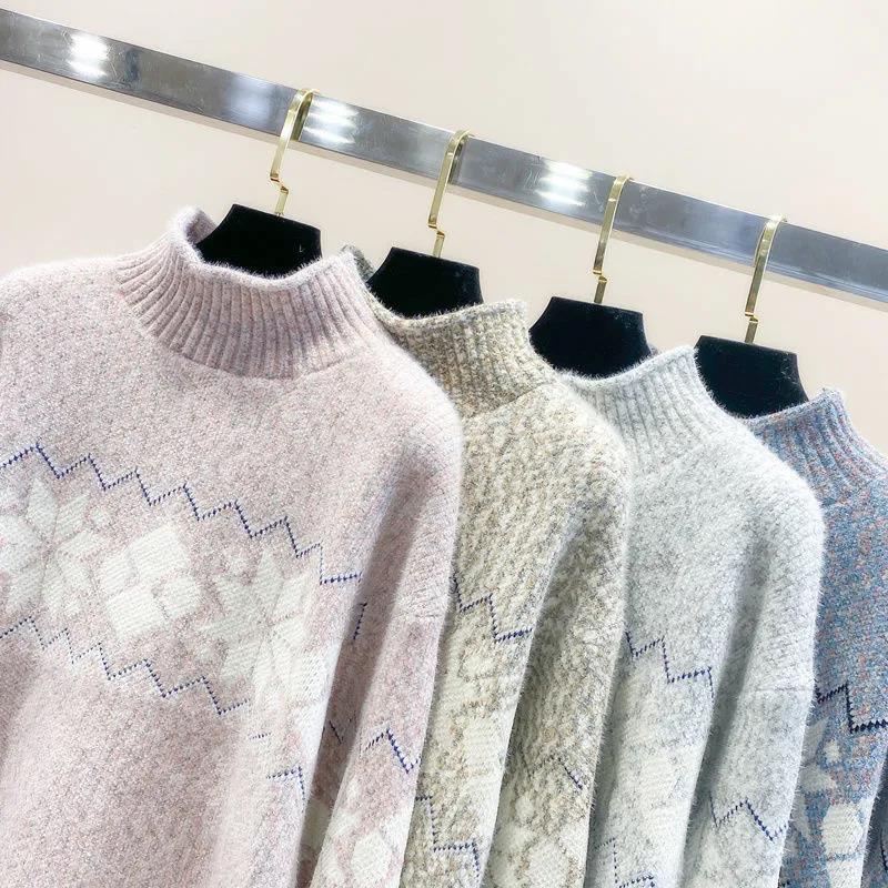 Women's Faux Mink Half Turtleneck Pullover Sweater Snowflake Embroidery Plus Size Sweater