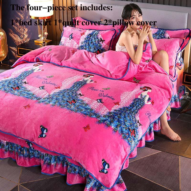 Warm Flannel Four-piece Thick Gold Mink Fleece Bed Skirt Quilt Cover Pillowcase Set Winter Double Bed Supplies