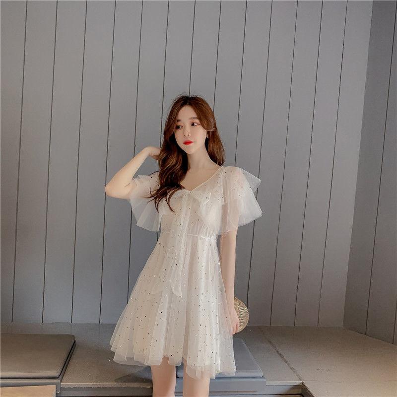 Sexy Sweet Woman A-line Skirts V-neck Veil Decorative Stars Shiny and Beautiful Folds Ruffle Bow Dress Bar Wedding Party