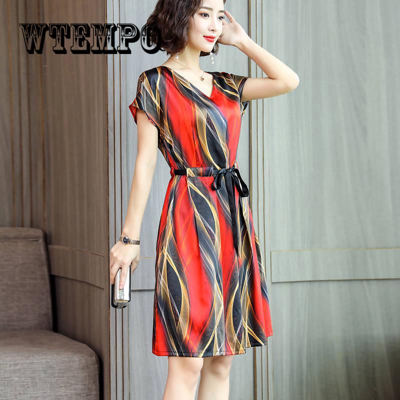 Simulation Silk Dress Female Long Short Sleeve Summer New Small Stripe Imitation Silk Print Dresses