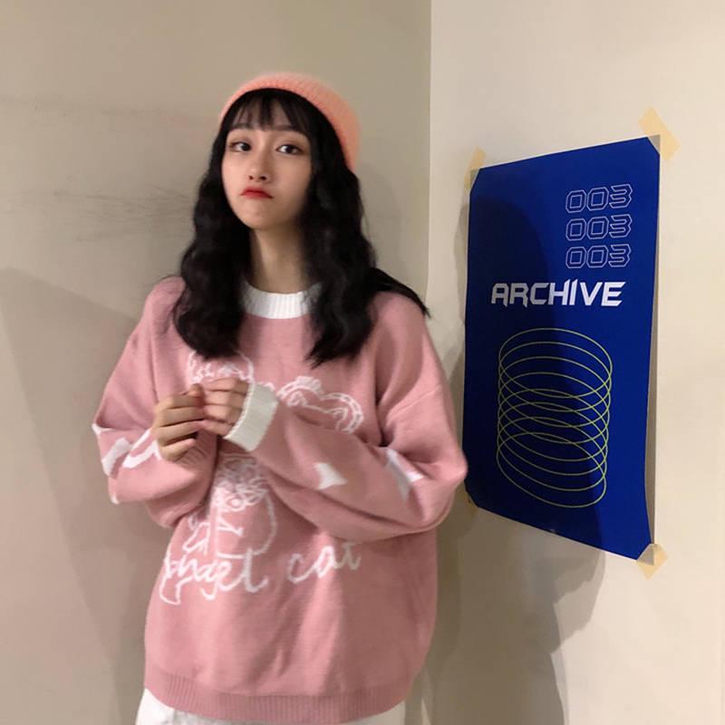 Autumn Winter  Sweet Fresh Loose Hedging Round Neck Student Knitted Sweater