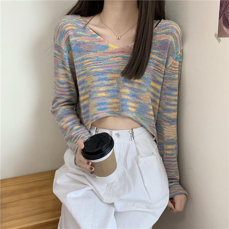 Autumn Rainbow Strip Sweet Sexy V-neck Short Cropped Long-sleeved Sweater Top Women