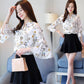 Women's Summer Chiffon Lace Shirt Short Sleeve Round Neck Loose Print Bell Sleeve Top