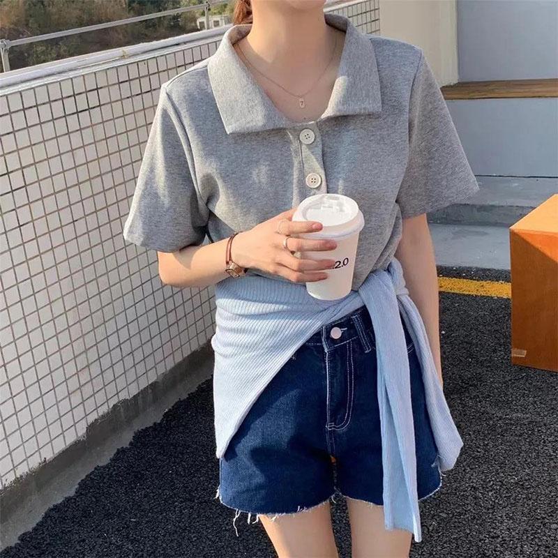 Short Sleeve T-Shirt Women Summer Loose Polo Collar Solid Color Top