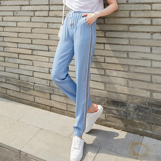 Women's Summer Thin Tencel Jeans Loose Drawstring Leggings Elastic High Waist Straight Pants Sports Casual Pants Harem Trousers Cropped pants