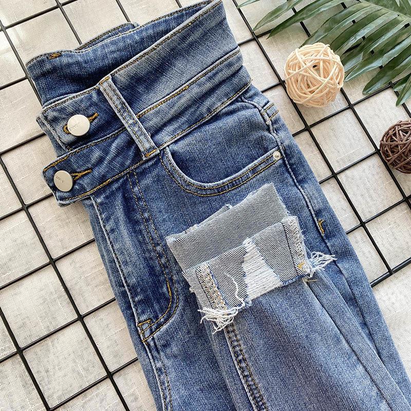 Women's Spring Jeans High-waisted Feet Tight-fitting Holes Look Thin Stretch Slim Pencil Pants Trend