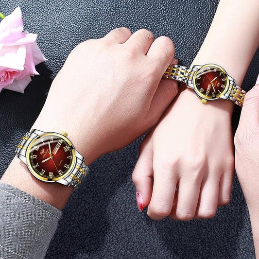 Couple Waterproof Steel Strap Dual Calendar Round Dial Quartz Watch High-end Men Women Jewelry Watch