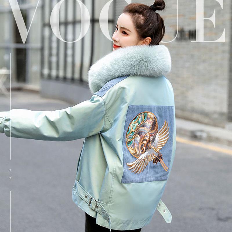 Thicken Hooded Parka Women Loose Embroidery Parka Coat with Big Fur Collar Outerwear Autumn Winter Cotton Jacket  Coat Parkas Female