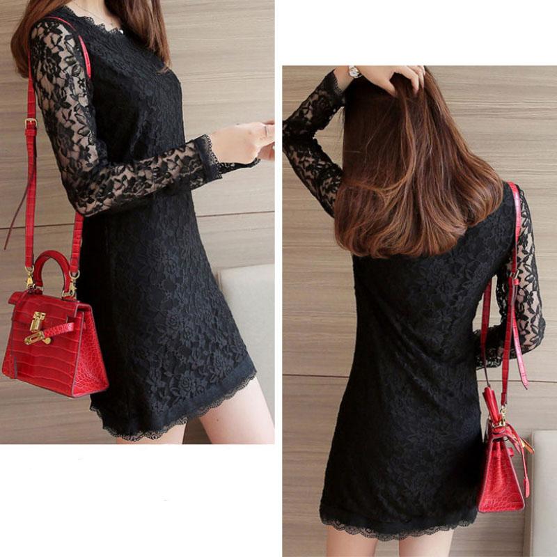 Large Size Lace Dress Women Long Sleeve Midi Skirt Slim Elegant Bottoming Skirt Summer Long