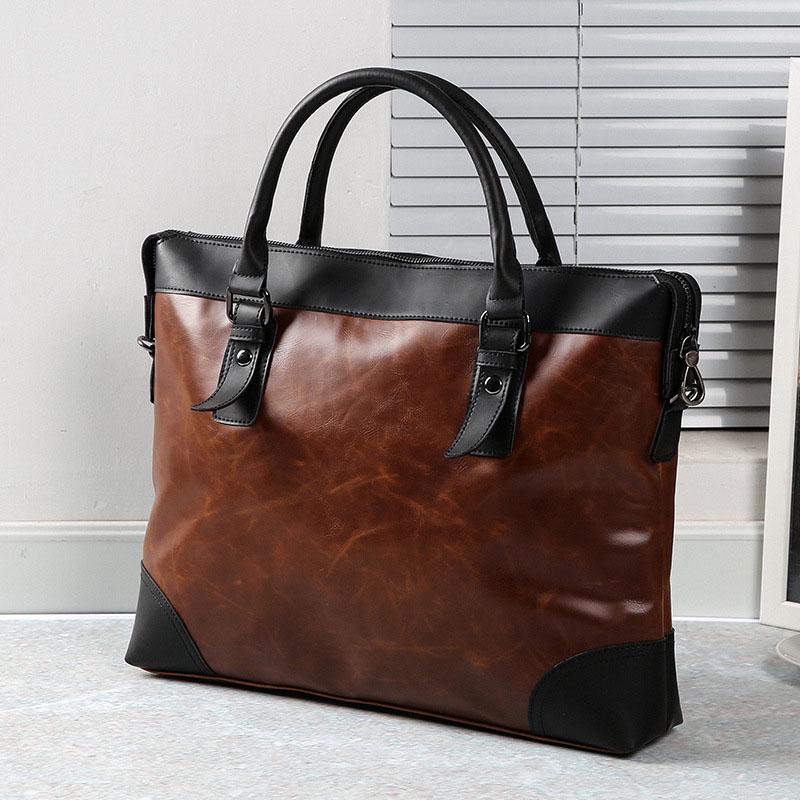 Business Briefcase Men Brown PU Leather Wild Zipper Waterproof Handbag Shoulder Bags Computer Bag