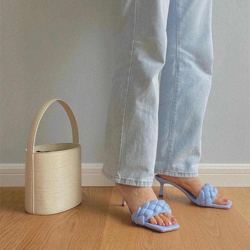 Summer All-match Thin and Woven Square Head High-heeled Sandals Female Fairy Fashion Sandals and Slippers