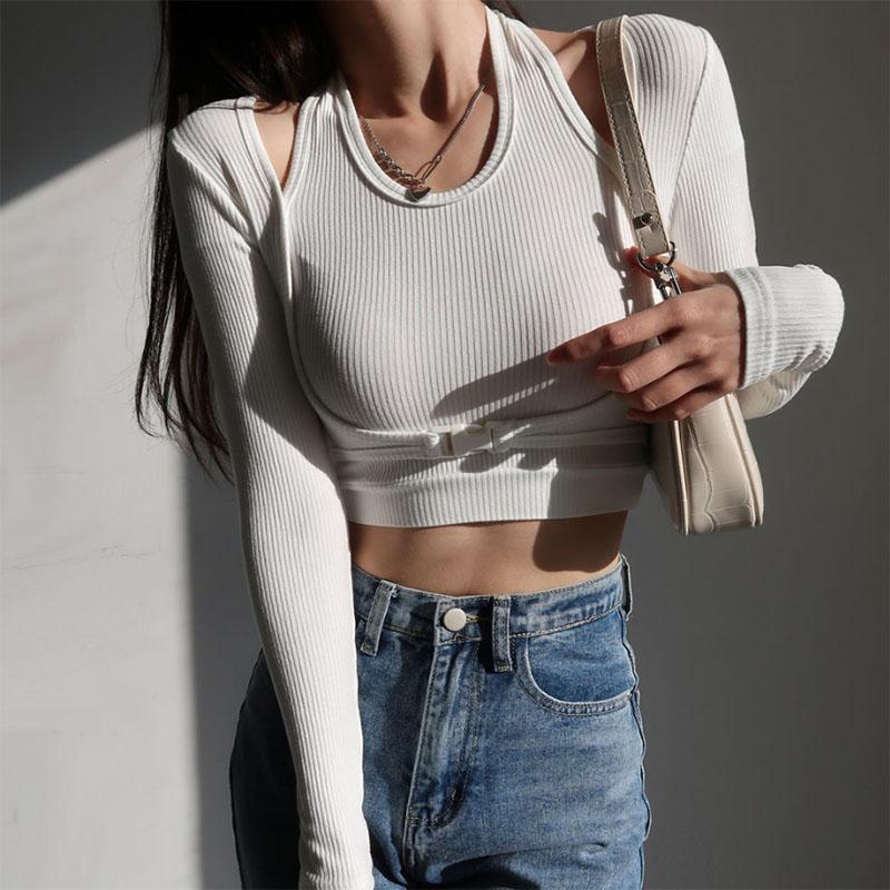 Fake Two-piece Hanging Neck Long-sleeved T-shirt Women's Solid Color Short Slim Slim Bottoming Shirt Top