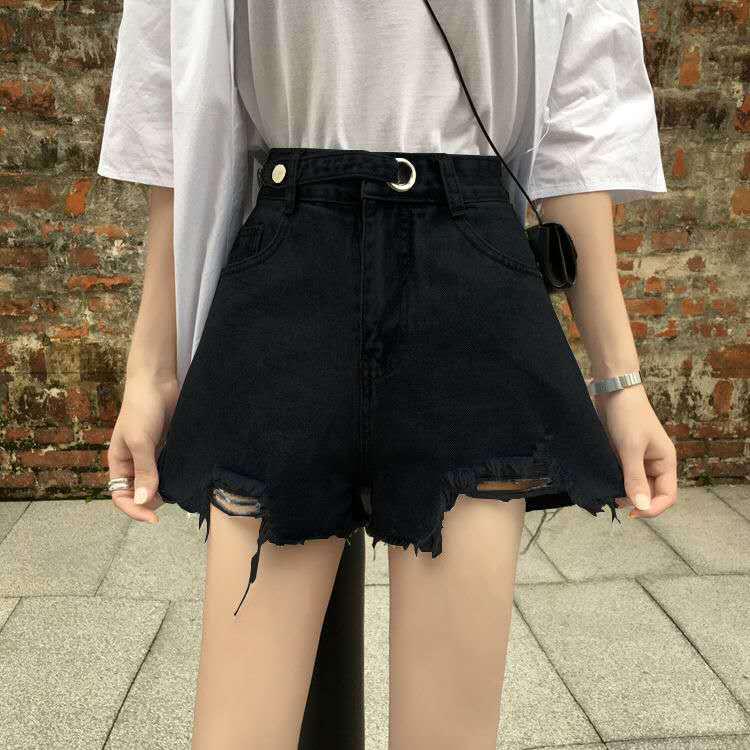 Summer denim shorts women's high waist loose students all-match slim thin hole wide leg fashion