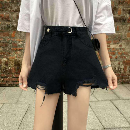 Summer denim shorts women's high waist loose students all-match slim thin hole wide leg fashion