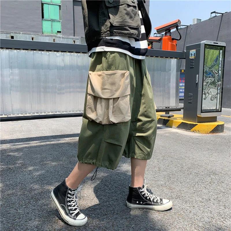 Summer Loose Wide-leg Overalls and Shorts Men's Loose and Personalized Drawstring Cropped Trousers