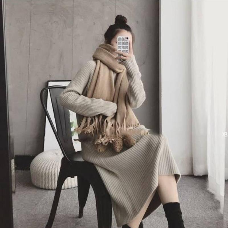 Autumn and Winter Women's Wool Sweater Warm High Neck Sweater Casual Loose Thickening Slimming Over The Knee Long Sweater Knitted Pull Pullover