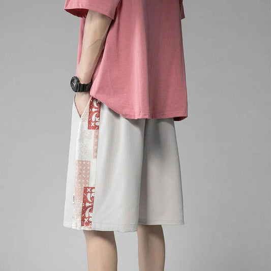 Men's Summer Printing Cooling Ice Silk Stitching Shorts Loose Outer Wear Wide-leg Five-point Pants Casual All-match Shorts