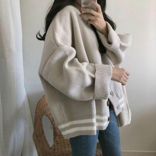 Trendy Knit Cardigan Sweater Women Loose V-neck Long-sleeved Shirt Cardigan Sweater Coat