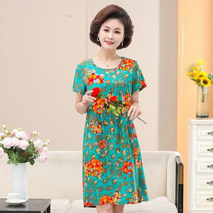 Nightdress Female Summer Cotton Silk Mid-length Short-sleeved Plus Size Dress 40-year-old Pajamas Home Service Mother Wear