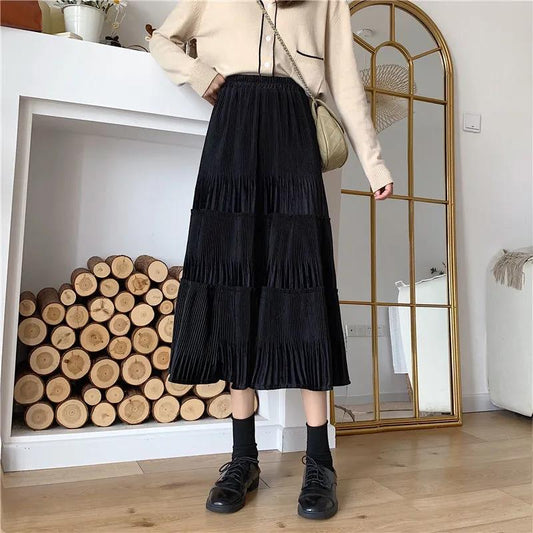 High Waist Gold Velvet Pleated Skirt Mid-length Long Skirt Solid Color All-match Skirt Autumn and Winter Female A-line Skirt