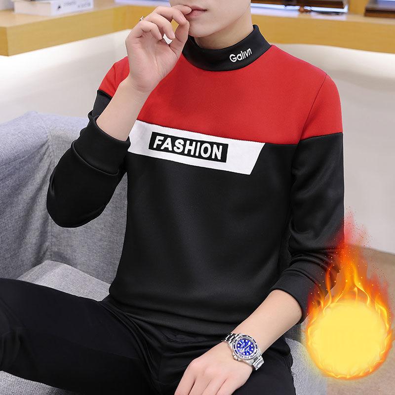 Long-sleeved T-shirt Winter Plus Velvet Thick Stitching Mid-high Collar Sweater Men's Loose Bottoming Shirt Jacket