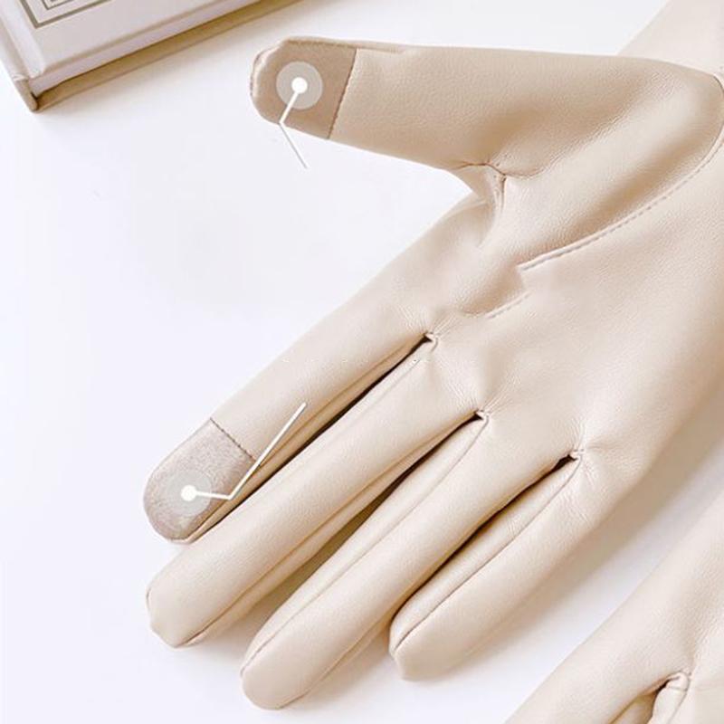 Women's Leather Gloves Winter Plus Velvet Thick Gloves Korean Imitation Sheepskin Pattern Touch Screen Gloves