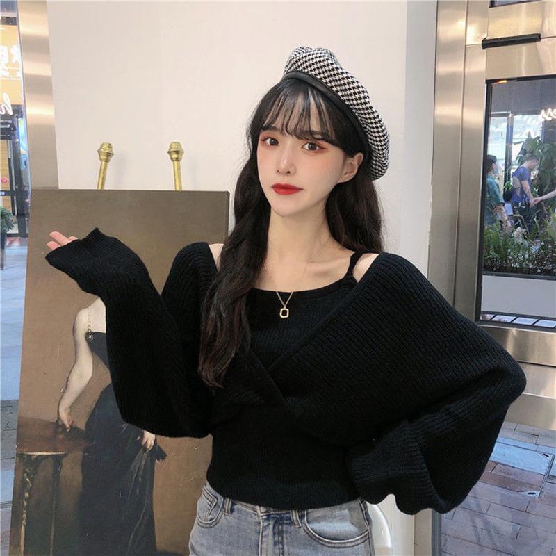 Design Sense French Niche Waist Sleeves Are Thin, Fake Two-piece Clavicle Strapless Large Size Long-sleeved Sweater Women's Blouse