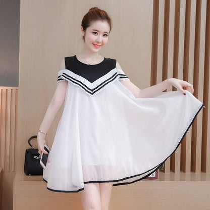 Summer Round Neck Short Sleeve Mid-length Chiffon Dress Loose and Thin Black and White Stitching Cute Princess Dress Ladies Strapless Short Dress