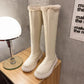 Women Thigh High Boots Winter Shoes Knee High Fur Boots Black White Flat Shoes Leather Boots Thick Plush Warm Knee High Long Boots