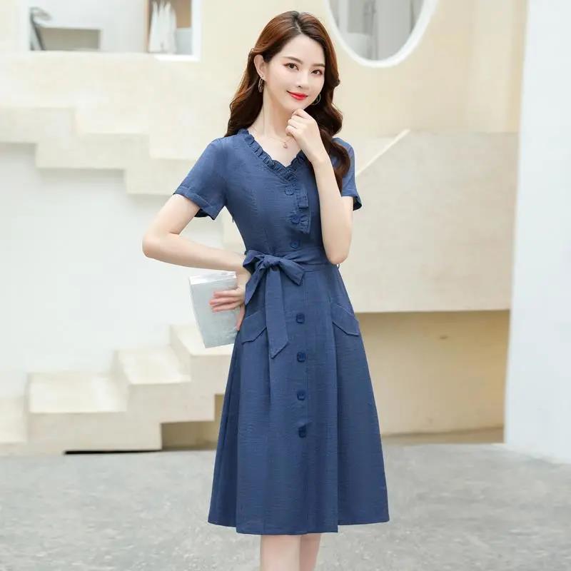 Summer Short-sleeved Dress Women's French Niche Large Size Temperament Waist Was Thin and Thin Skirt