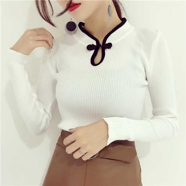 Winter China Style Traditional Buckle Bottom Sweater Retro Slim Knit Shirt Pullover Bodycon