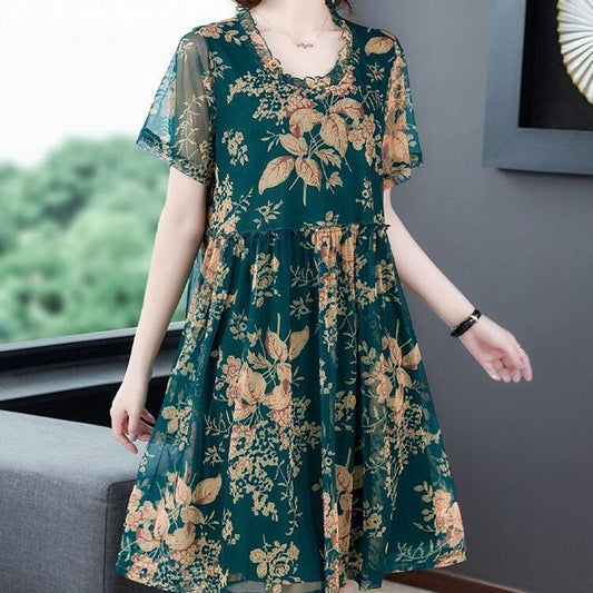 Fat Girl Dress Summer Young Mother Loose and Thin Mid-length Korean Temperament Dress