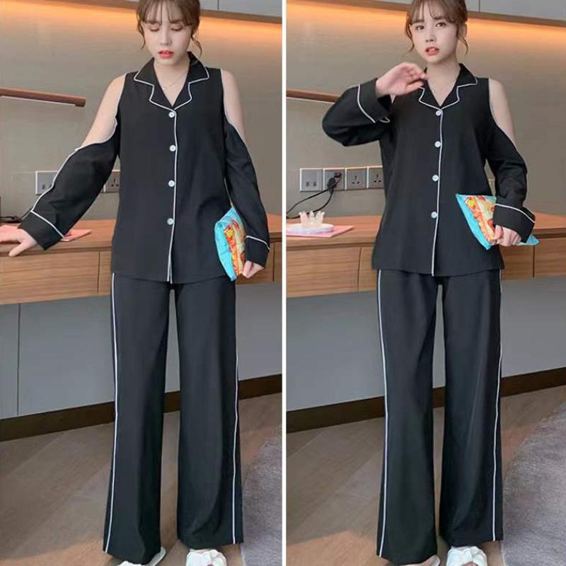 Women's  Ice Silk Sexy Off-the-shoulder Long-sleeved Pajamas Set Spring Thin Lapel Loose Home Wear Suits Solid Comfortable Sleeping Suit