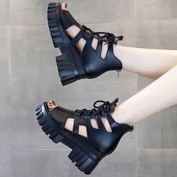 Female Summer Hollow Out Breathable Roman Sandals Women's Large Size All-match High-heeled Platform Black Sandals