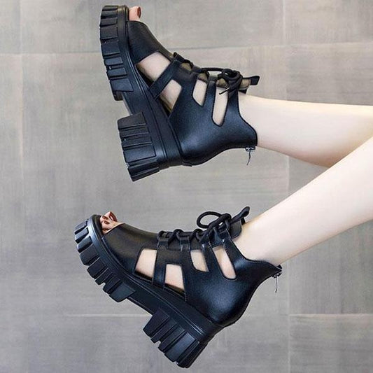 Female Summer Hollow Out Breathable Roman Sandals Women's Large Size All-match High-heeled Platform Black Sandals