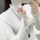Faux Mink Fleece Turtleneck Sweater Women Fashion Lace Patchwork Pullover Stretch Skinny Knit Bottoming Shirt