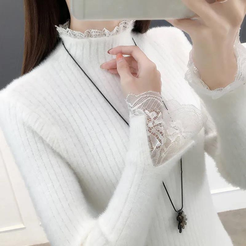 Faux Mink Fleece Turtleneck Sweater Women Fashion Lace Patchwork Pullover Stretch Skinny Knit Bottoming Shirt