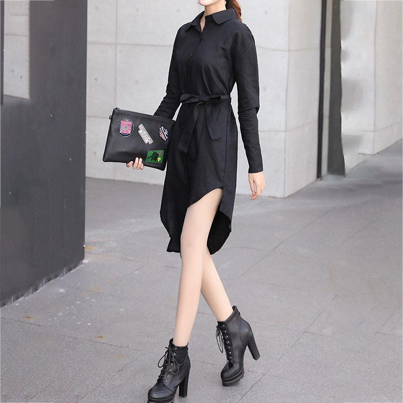 S-XXXXXL T-shirt Dress with Belt Loose Turn-down Collar Casual Long Sleeve Buttons Women Dress Irregular Split Fork