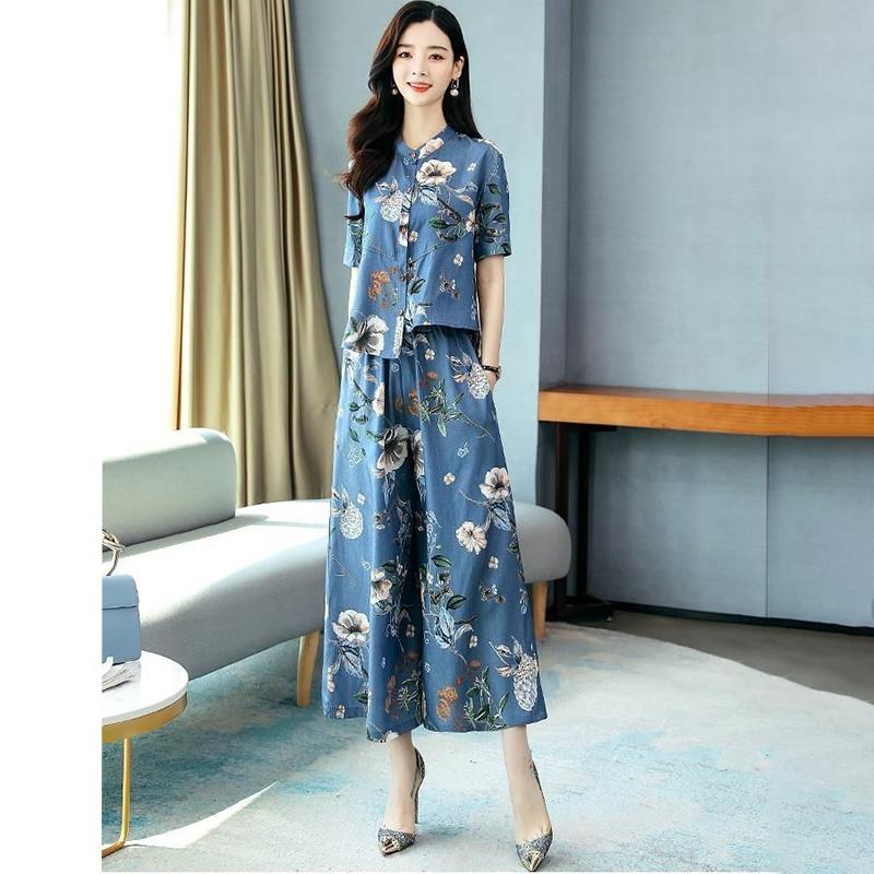 Retro Print Fashion Suit Women's Summer Loose and Thin Temperament Wide-leg Pants Two-piece Casual Suit Retro Chinese Style