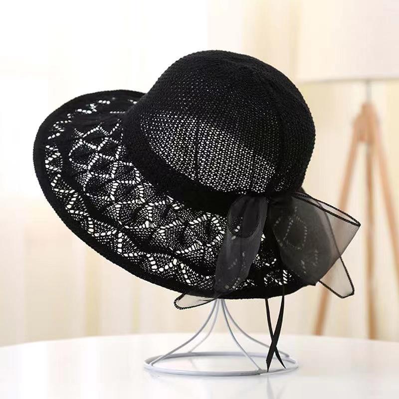 Women's Summer Bow Ribbon Sunscreen Hat Hollow Out Sun Cap Washable Folding Big Edge All Match Fisherman Hat Outdoor Sunshade Cool Hat
