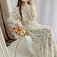 Spring French Romantic Retro Floral Dress V-neck Long-sleeved Sweet Waist Thinner Mid-length All-match Dress Female