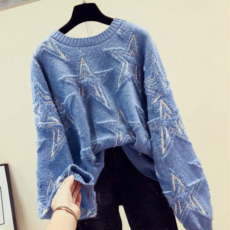 Stars Print Sweaters Tunic Women Casual Round-neck Loose Long Sleeve Knitted Top Autumn Winter Female Jumper Pullovers