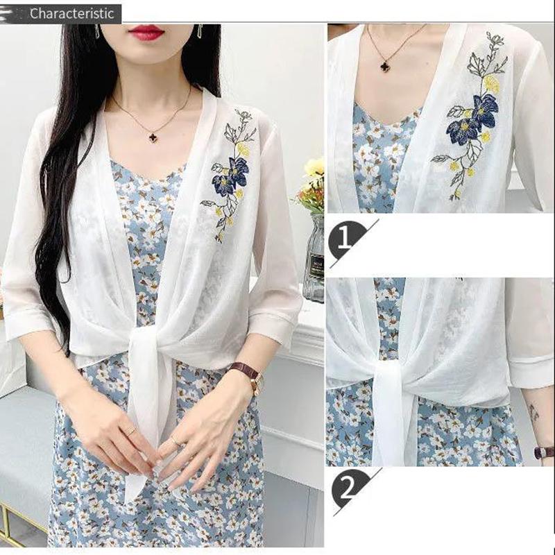 Flower Pattern Embroidery Women's Short Sun Protection Clothing Summer Chiffon Shawl Cardigan Thin