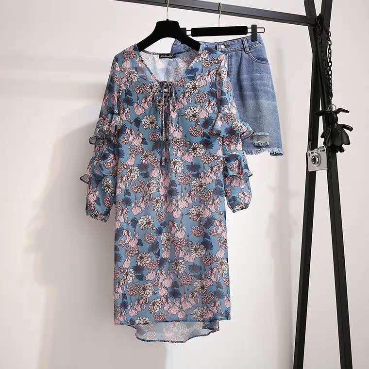 Fashion  Women Plus Size Dress Skirt Set Spring Summer Floral Fold Dress Denim Skirt Two-piece Suit