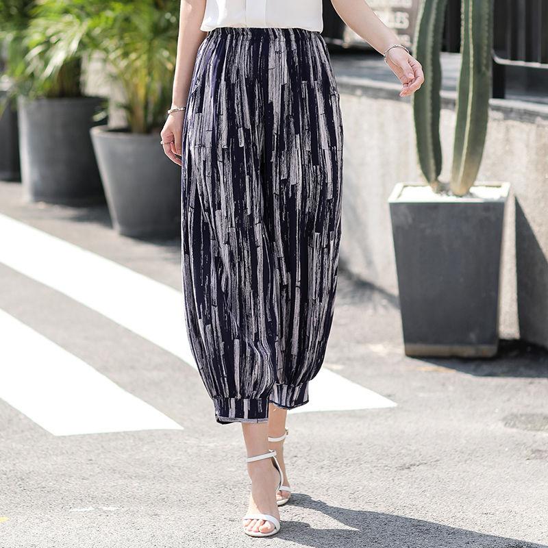 WTEMPO Cropped Pants Summer Cotton Silk Printed Casual Wide-leg Pants with Elastic Waist Lantern Pants